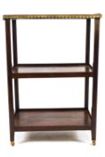 A French 19th century mahogany three shelf etagere of plain rectangular form,