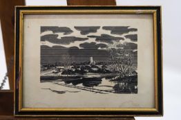Laurence Irving, Landscape, Woodcut, 13cm x 18cm, with a colour photograph of Laurence Irving,