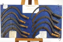 Ten reap hooks by James and John Fussell of Mells,