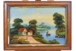 A Victorian reverse painting on glass of Grasmere Lake,