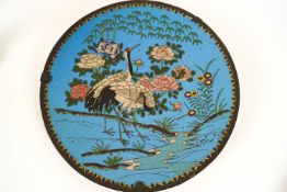 Two Chinese cloisonne blue ground circular dishes,