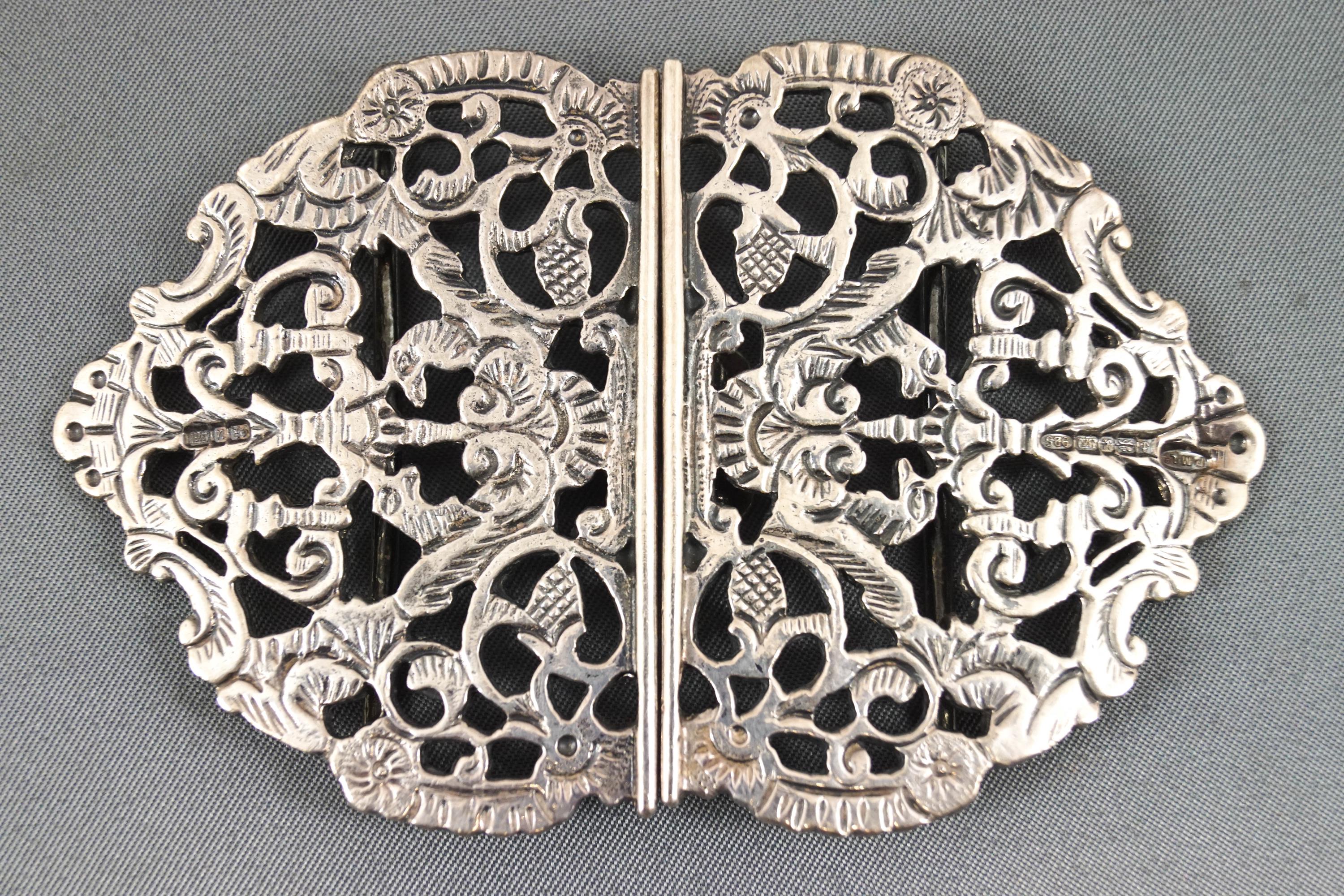 A cast and chased silver openwork belt buckle in the scrolling foliate baroque style, Chester 1894, - Image 3 of 3