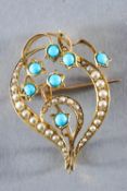 A yellow metal abstract brooch set with seed pearls and turquoise. Untested - stamped 15ct.