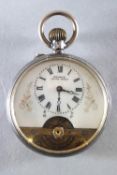 An Etonia open faced manual wind pocket watch with visible escapement to dial.