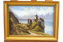 Oil on canvas, view of a Castle in a Swiss landscape, signed by P Paseboud (?) lower left, framed,
