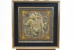 A framed Thai bead and sequin heightened embroidery of an elephant rider