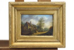 19th century School, Figures before Cottages in a rural landscape, oil on board,