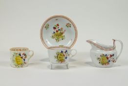 A late 18th century English porcelain porcelain trio and matching milk jug,