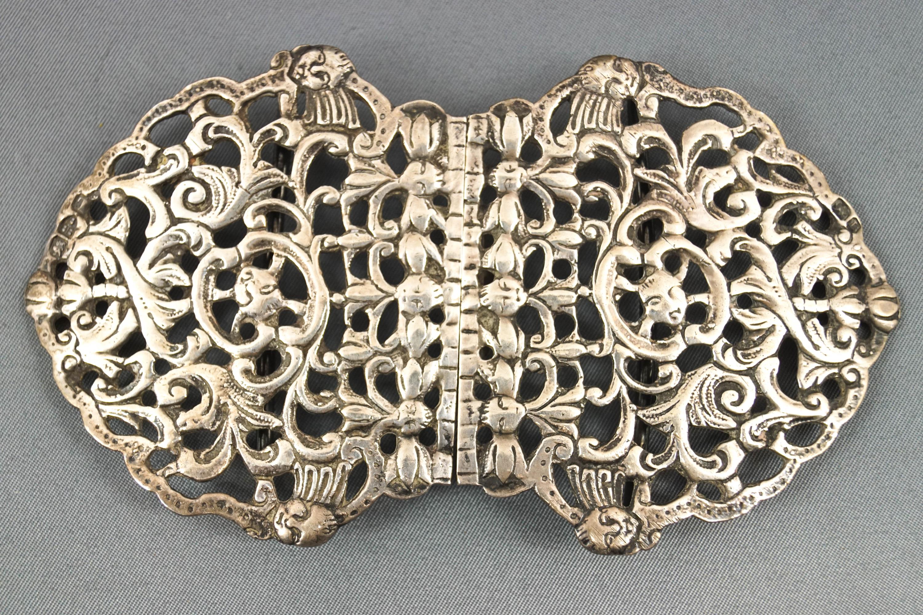 A cast and chased silver openwork belt buckle in the scrolling foliate baroque style, Chester 1894, - Image 2 of 3