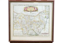 Robert Morden, a hand coloured map of Suffolk, 'part of Norfolk', framed and glazed,