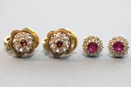 A collection of earrings to include: A pair of ruby and diamond cluster stud earrings,