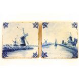 A pair of Dutch Delft blue and white square tiles, 19th century,