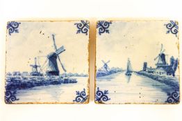 A pair of Dutch Delft blue and white square tiles, 19th century,