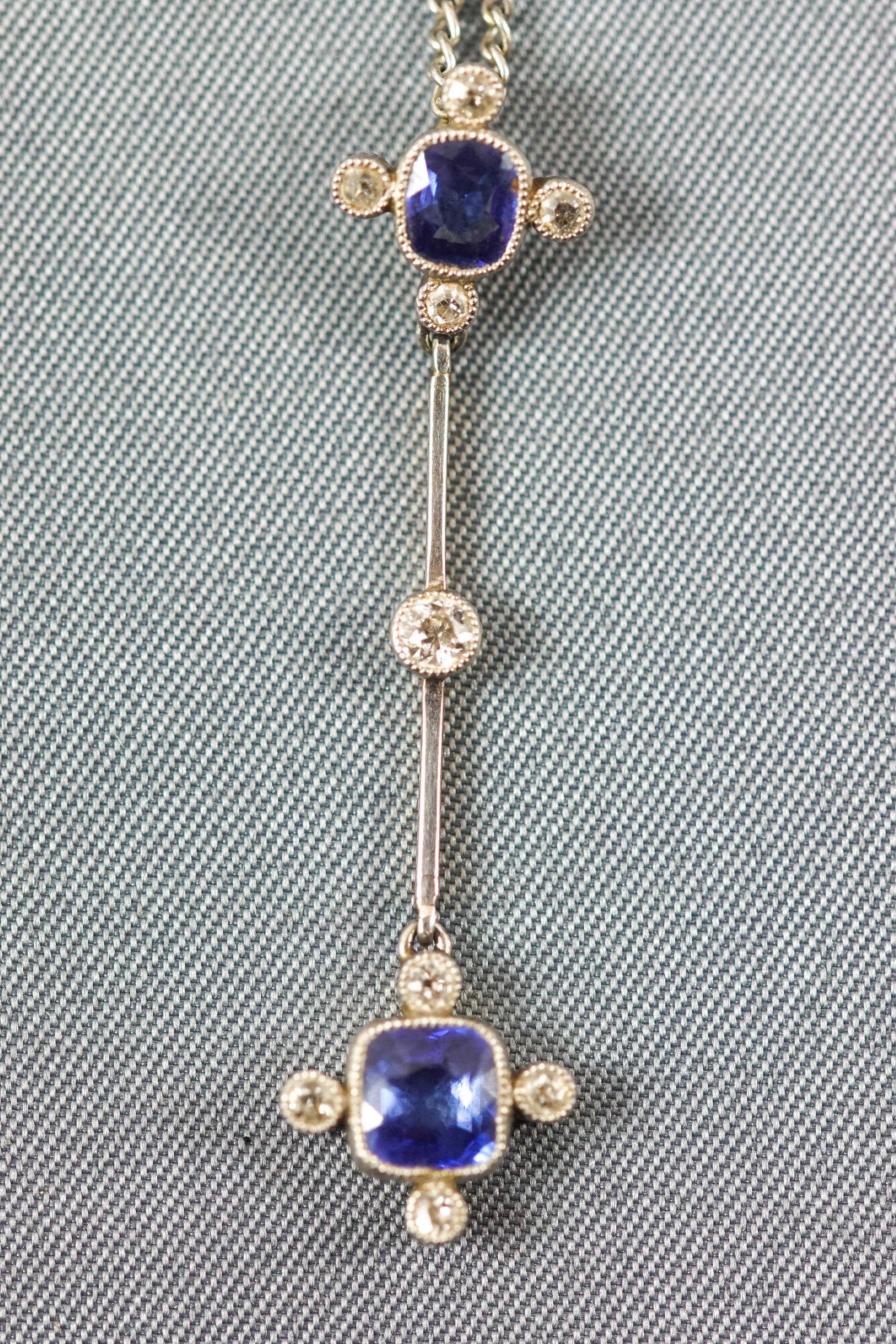 A white metal drop pendant set with cushion faceted cut blue sapphires and old European cut diamonds - Image 2 of 2