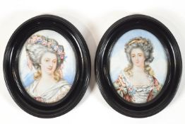 A pair of miniatures of oval form, showing ladies in 18th century French attire with dressed hair,
