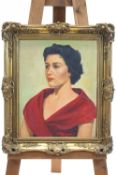 Engle, portrait of a lady in a red dress, signed bottom right, oil on board, within giltwood frame,