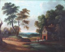 19th century Continental School, a Watermill with figures in a landscape, oil on canvas,