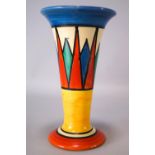 A Clarice Cliff Newport pottery triangular band trumpet vase, probably circa 1925/1930,