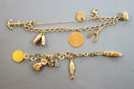 A collection of two 9ct gold bracelet each with fitted assorted charms.