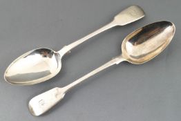 A silver fiddle pattern table spoon, London 1838, with another London 1839,