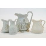 Three Portmeirion white biscuit relief-moulded jugs, and another, 20th century, printed marks,