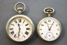 A collection of two base metal large open face pocket watches.