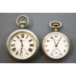 A collection of two base metal large open face pocket watches.