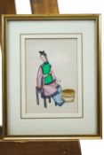 A Chinese rice paper painting depicting a woman seated beside a basket, in giltwood frame,