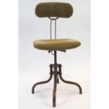 A 1930's/40's swivel desk chair, with re-upholstered back and seat on four tube flared legs,