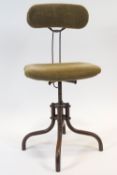 A 1930's/40's swivel desk chair, with re-upholstered back and seat on four tube flared legs,