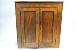 A pine cupboard with two panelled doors, enclosing two shelves,