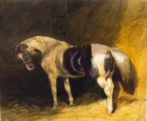 Attributed to Frederick Taylor, A piebald pony in a stable, watercolour,