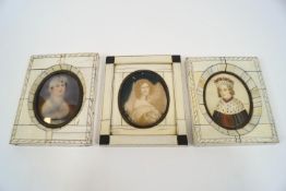 Three miniatures, in ivory piano key frames, the first of a king, signed 'Foque',