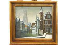 20th century Continental school, The Bell Tower, Bruges, oil on board,