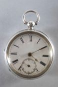 A white metal open faced pocket watch. White ceramic dial with roman numeral markings.