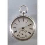 A white metal open faced pocket watch. White ceramic dial with roman numeral markings.