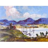 Rachel Grainger Hunt, An Italian Hilltop Villa and a Castle above an Estuary, oil on board,