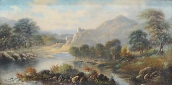 R Lewis, Landscapes, oil on canvas, a pair signed lower left, 30.5cm x 61.5cm.