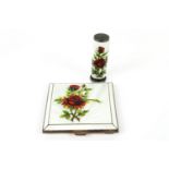 A silver and enamel powder compact and lipstick case, with engine turned decoration,