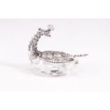 A pair of filigree white metal and glass table salts in the form of a swan with folding wings