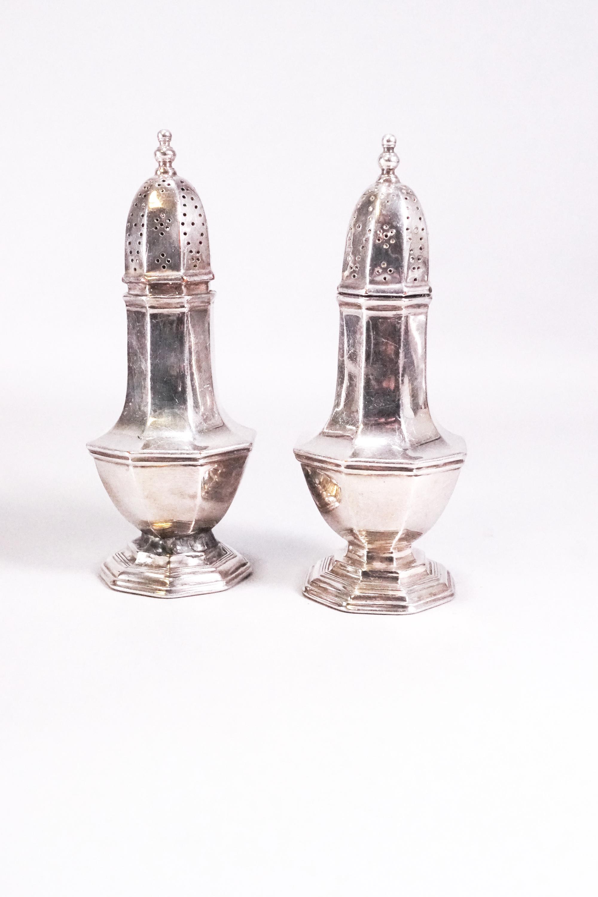 A silver plated five piece cruet set in the George I octagonal style, the casters, - Image 3 of 3