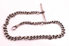 A white metal watch chain of graduated curb design having a swivel clasp and T-bar attachment.