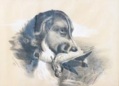 Chrissie M Williams, Spaniel with Snape, charcoal highlighted with white,