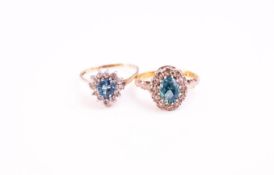 A collection of two dress rings to include: A hallmarked 18ct gold blue zircon and diamond cluster