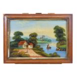 A Victorian reverse painting on glass of Grasmere Lake,