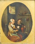 North European school, figures in a tavern, oil on panel, 23.5cm x 19.5cm