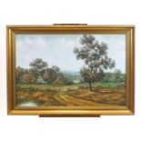 Two modern oil landscapes, the first of a cottage in wooded river landscape,