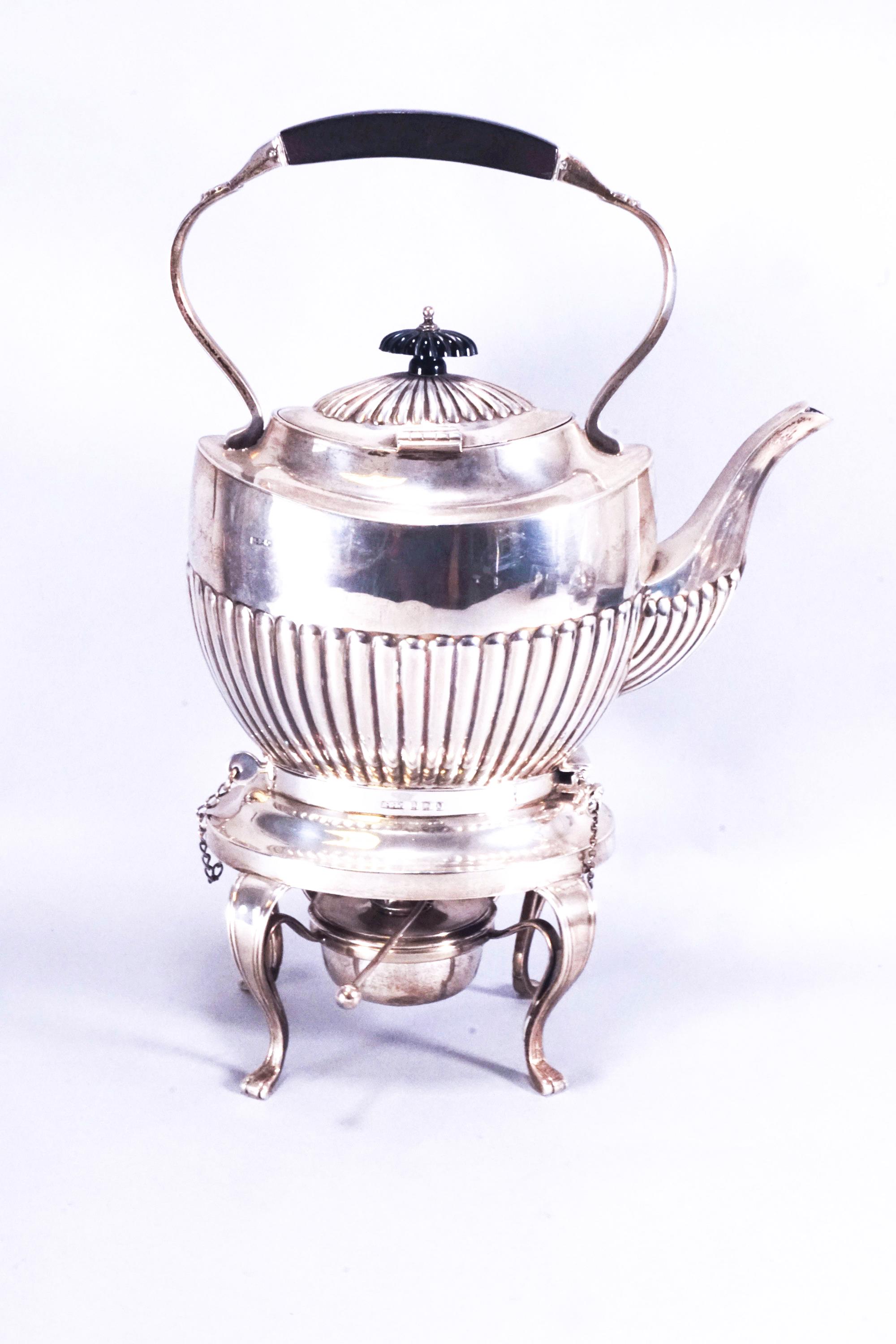 A silver spirit kettle of the usual semi-fluted oval form, on a cabriole leg burner stand, - Image 2 of 3