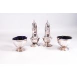 A silver plated five piece cruet set in the George I octagonal style, the casters,