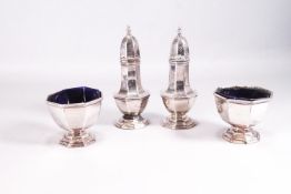 A silver plated five piece cruet set in the George I octagonal style, the casters,